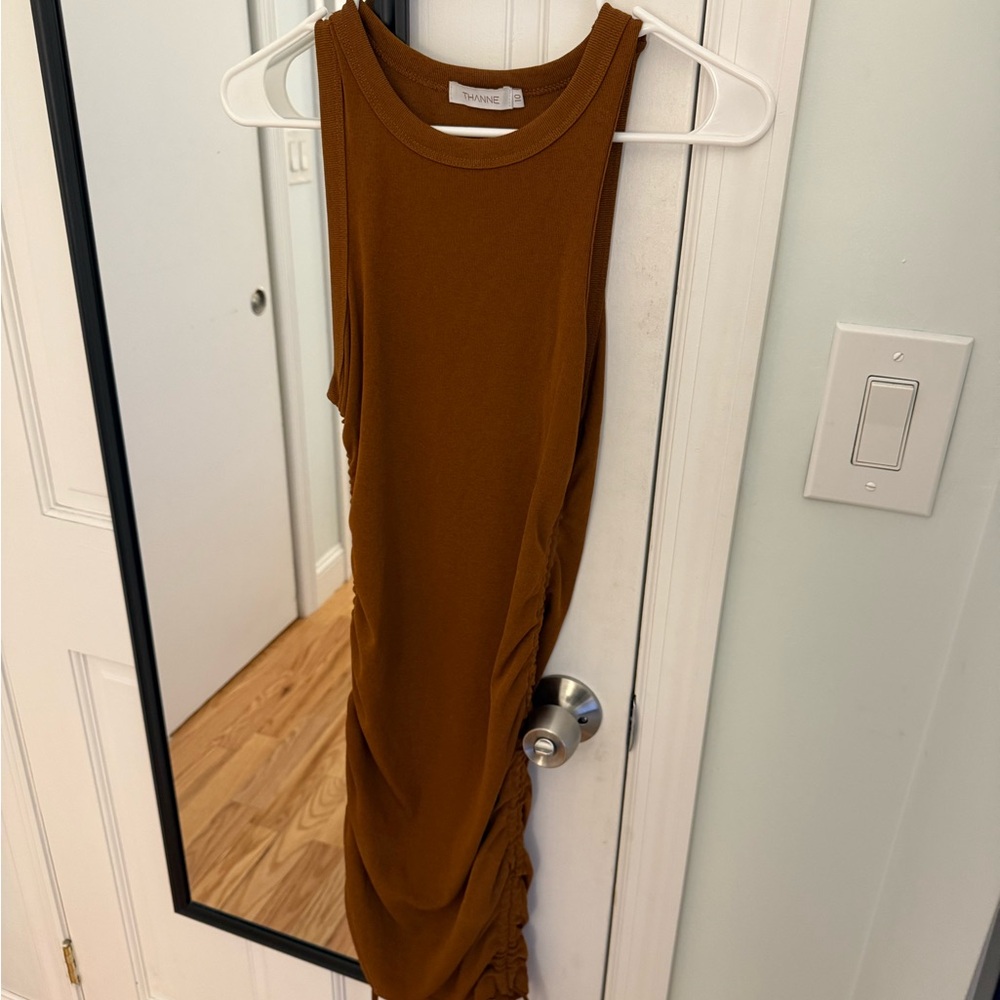 Brown Ribbed Ruched Sleeveless Mini Dress